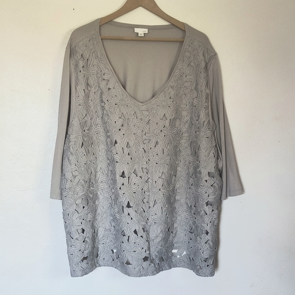 J. Jill Tops - J.Jill Gray Crochet Lace Overlay 3/4 Sleeve Blouse Sz 4XL Women